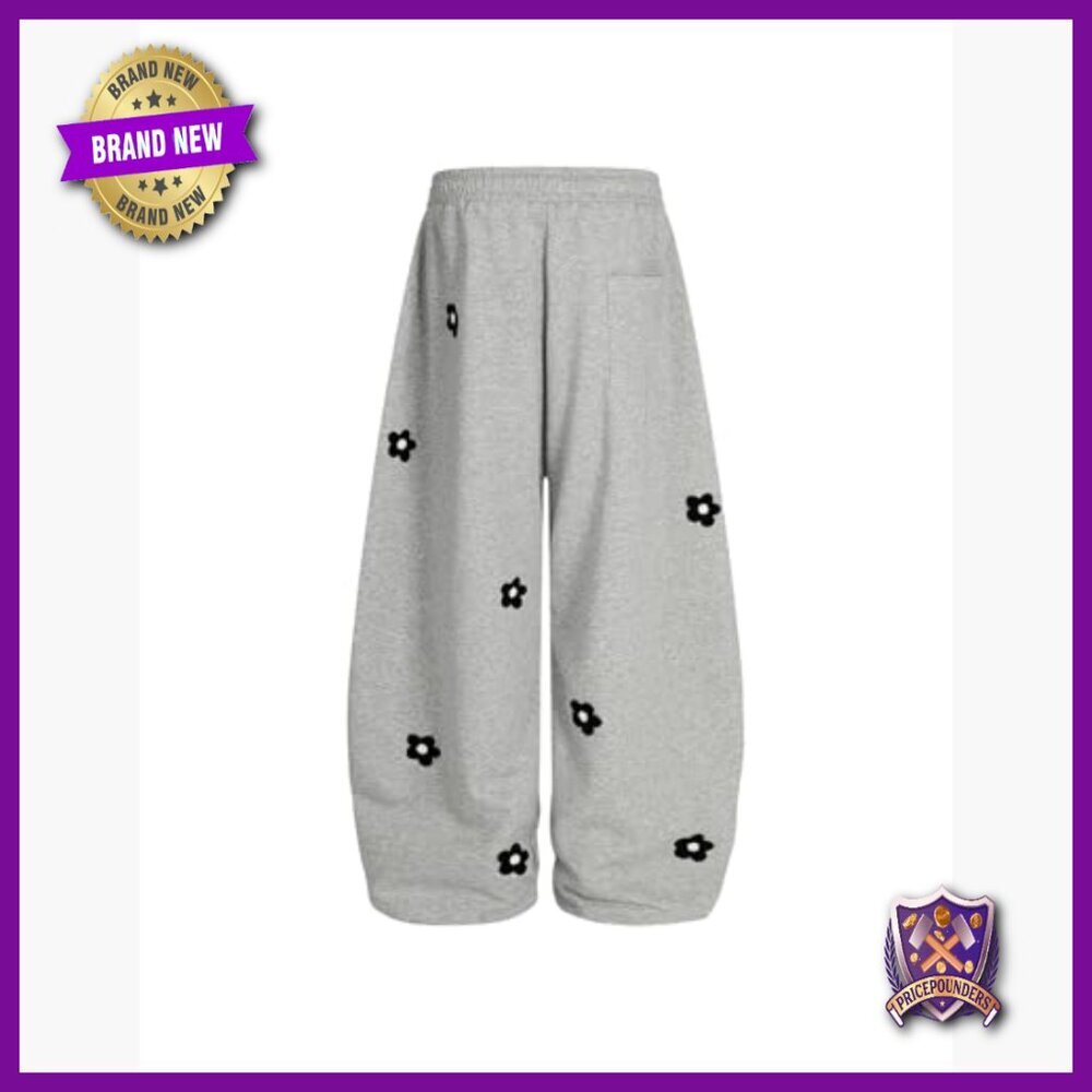 Wide Leg Sweatpants with Floral Embroidery, Elastic Waist, Y2K Style - Picture 3 of 7